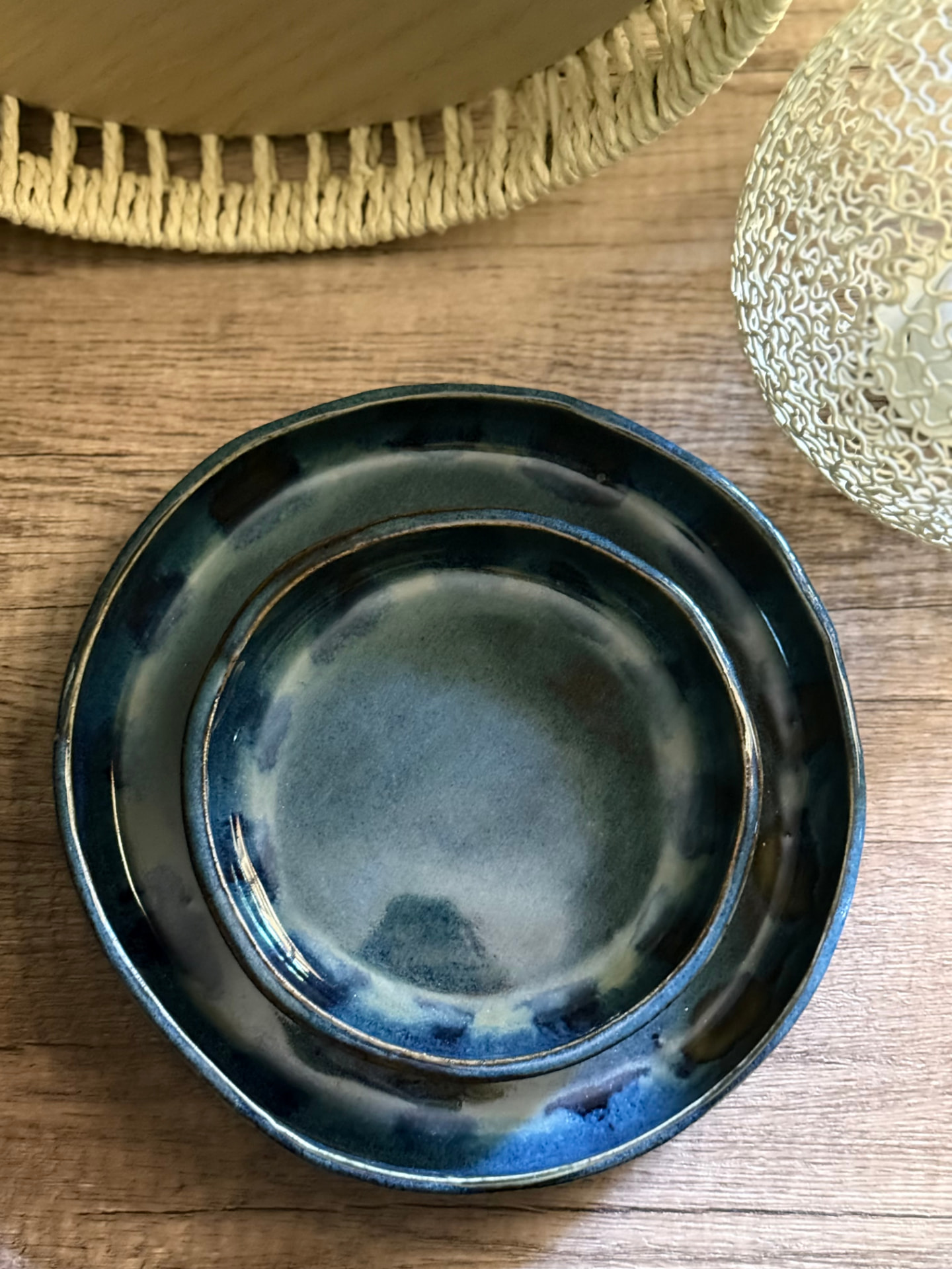 Nesting set of two handmade Blates in deep ocean blue glaze